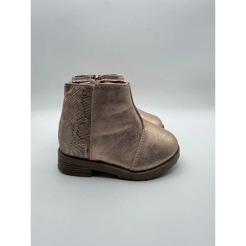 Kids Rose Gold Metallic Ankle Boots Side Zip‎ Snake Print Back Size 5